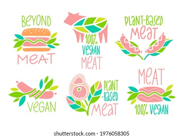 Set of vector icons. Plant based meat concept. Vegan product. Steak, sausages, hamburger, cutlet, minced meat and green leaves. Organic natural food.