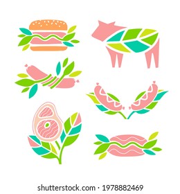 Set of vector icons. Plant based meat concept. Vegan product. Steak, sausages, hamburger, cutlet, minced meat and green leaves. Organic natural food.