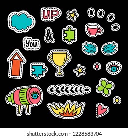 Set of vector icons in pop art style. Fire, clover, telescope, heart, Cup, inscription, arrow puzzles coffee Cup eye wings cloud