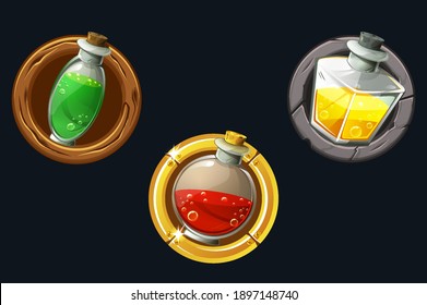 Set of vector icons potions in texture frames. Collection of cartoon isolated jars of elixir.