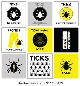 Set of vector icons with prevention about ticks. Easy recolor.