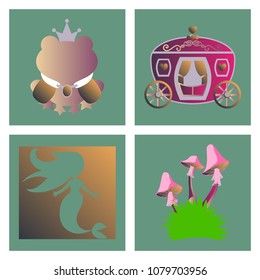 Set of vector icons in princces theme include frog with crown, cartoon mermaid, vintage horse carriage, toxic agaric