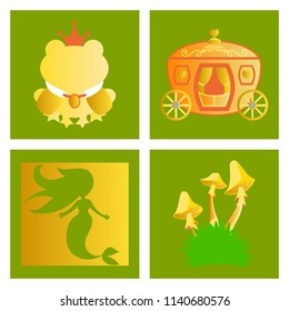Set of vector icons in princces theme include frog with crown, cartoon mermaid, vintage horse carriage, toxic agaric