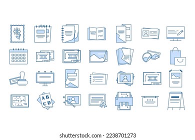 conjunto de iconos vectoriales imprenta casa, iconos lineales, impresión de documentos, oficina editorial, materiales publicitarios 
