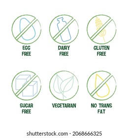 Set of vector icons of proper nutrition and diets. set of icons: Egg free, Dairy free, Gluten free, sugal free, Vegeterian, No trans fat. Vegan vector illustration.  