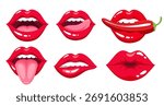 Set vector icons red lips. Elements for romantic design. Sexy woman