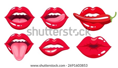 Set vector icons red lips. Elements for romantic design. Sexy woman's lips expressing different emotions. Smile, kiss, half-open mouth, biting lip, lip licking, tongue out. Isolated on white