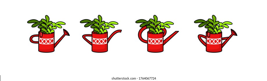 Set of vector icons with red watering cans and green plants. Vector illustration of garden supplies. Home decor.