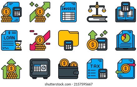 Set of Vector Icons Related to Accounting. Contains such Icons as Finance, Income, Invoice, Ledger, Loan, Revenue and more.
