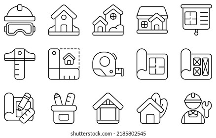 Set of Vector Icons Related to Architecture. Contains such Icons as Helmet, House, House Plan, Measure, Prototype, Worker and more.