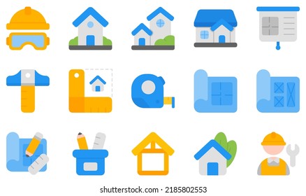 Set of Vector Icons Related to Architecture. Contains such Icons as Helmet, House, House Plan, Measure, Prototype, Worker and more.