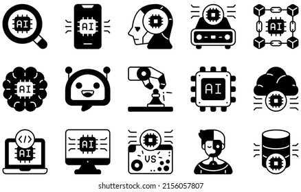 Conjunto de iconos vectores relacionados con la inteligencia artificial. Contiene iconos como análisis, inteligencia artificial, cadena de bloqueo, cerebro, bot de chaqueta, codificación y más.