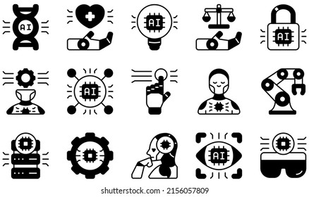 Set of Vector Icons Related to Artificial Intelligence. Contains such Icons as Healthcare, Idea, Law, Machine Learning, Robotic, Robotic Arm and more.