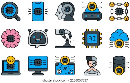 Set of Vector Icons Related to Artificial Intelligence. Contains such Icons as Analysis, Artificial Intelligence, Blockchain, Brain, Chatbot, Coding and more.