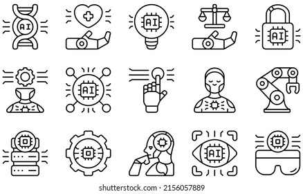 Set of Vector Icons Related to Artificial Intelligence. Contains such Icons as Healthcare, Idea, Law, Machine Learning, Robotic, Robotic Arm and more.