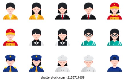 Satz von Vektorsymbols, die mit Avataren verwandt sind. Enthält Symbole wie Rezeption, Geschäftsfrau, Bartender, Arzt, Polizei, Chef und mehr.