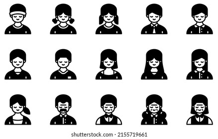 Set of Vector Icons Related to Avatars. Contains such Icons as Boy, Girl, Man, Woman, Old Man, Old Woman and more.