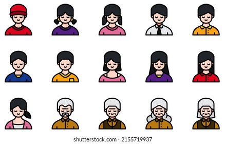 Satz von Vektorsymbols, die mit Avataren verwandt sind. Enthält solche Symbole wie Boy, Girl, Man, Woman, Old Man, Old Woman und mehr.