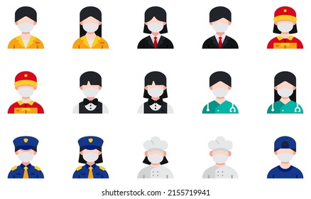 Set of Vector Icons Related to Avatars With Medical Masks. Contains such Icons as Reception, Business Man, Delivery Man, Bartender, Doctor, Police and more.