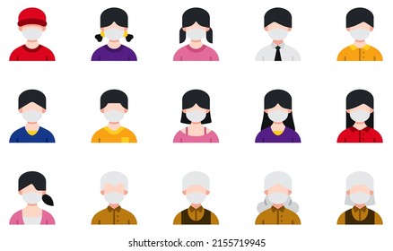 Set of Vector Icons Related to Avatars With Medical Masks. Contains such Icons as Boy, Girl, Man, 4, Old Man, Old Woman and more.