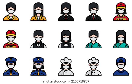 Set of Vector Icons Related to Avatars With Medical Masks. Contains such Icons as Reception, Business Man, Delivery Man, Bartender, Doctor, Police and more.