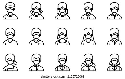 Set of Vector Icons Related to Avatars With Medical Masks. Contains such Icons as Boy, Girl, Man, 4, Old Man, Old Woman and more.