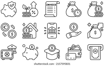 Set of Vector Icons Related to Banking. Contains such Icons as Insurance, Interest, Invoice, Loan, Money, Savings and more.