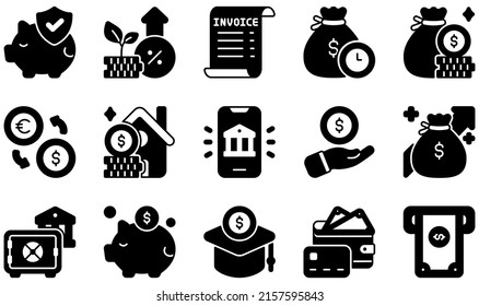 Conjunto de iconos vectores relacionados con la banca. Contiene iconos como seguros, intereses, facturas, préstamos, dinero, ahorros y más.