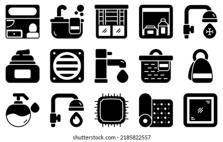Set of Vector Icons Related to Bathroom. Contains such Icons as Bathroom, Bathtub, Blinds, Cabinet, Basketball, Cold Water and more.