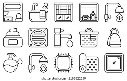 Set of Vector Icons Related to Bathroom. Contains such Icons as Bathroom, Bathtub, Blinds, Cabinet, Basketball, Cold Water and more.