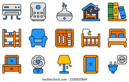 Set of Vector Icons Related to Bedroom. Contains such Icons as Bedroom, Book, Bunk Bed, Closet, Chair, Dresser and more.