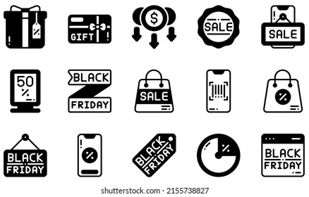 Set of Vector Icons Related to Black Friday. Contains such Icons as Gift Box, Gift Card, Low Price, Online Sale, Online Shop, Sale and more.