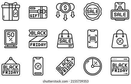 Set of Vector Icons Related to Black Friday. Contains such Icons as Gift Box, Gift Card, Low Price, Online Sale, Online Shop, Sale and more.
