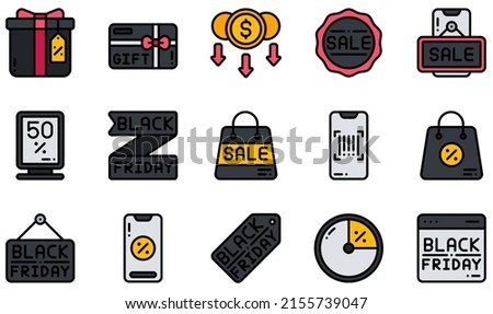 Set of Vector Icons Related to Black Friday. Contains such Icons as Gift Box, Gift Card, Low Price, Online Sale, Online Shop, Sale and more.