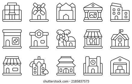 Set of Vector Icons Related to Buildings. Contains such Icons as Mall, Mill, Mosque, Museum, Office, Pharmacy and more.