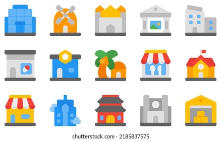 Set of Vector Icons Related to Buildings. Contains such Icons as Mall, Mill, Mosque, Museum, Office, Pharmacy and more.