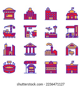 Set of vector icons related to buildings. Vector illustrations such as ports, offices, stations and more with full editable colors.