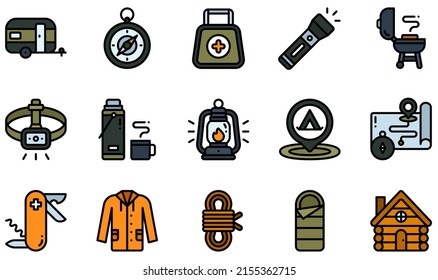 Set of Vector Icons Related to Camping. Contains such Icons as Caravan, Compass, Flashlight, Headlamp, Hot Drink, Lantern and more.