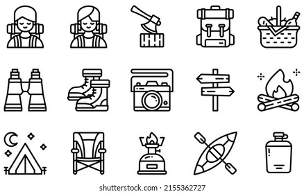 Set of Vector Icons Related to Camping. Contains such Icons as Adventurer, Axe, Backpack, Basket, Boots, Campfire and more.