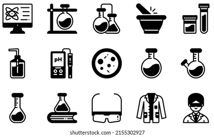 Set Of Vector Icons Related To Chemistry Lab. Contains Such Icons As Test Tube, Chemistry, Urine Sample, Ph Meter, Flask, Lab Coat And More.