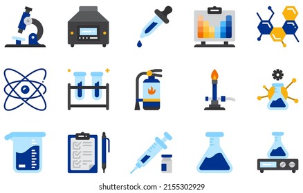 Set von Vektorsymbols im Zusammenhang mit dem Chemie-Labor. Enthält solche Symbole wie Mikroskop, Zentrifuge, Dropper, Molecular, Atom, Beaker und mehr.