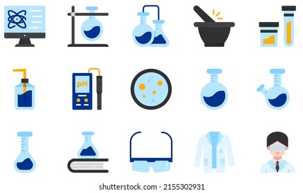 Set Of Vector Icons Related To Chemistry Lab. Contains Such Icons As Test Tube, Chemistry, Urine Sample, Ph Meter, Flask, Lab Coat And More.