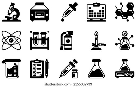 Set of Vector Icons Related to Chemistry Lab. Contains such Icons as Microscope, Centrifuge, Dropper, Molecular, Atom, Beaker and more.