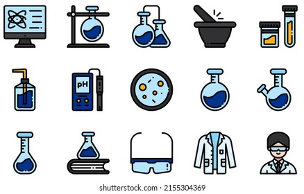 Set Of Vector Icons Related To Chemistry Lab. Contains Such Icons As Test Tube, Chemistry, Urine Sample, Ph Meter, Flask, Lab Coat And More.