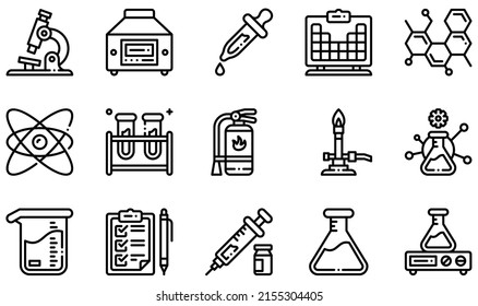 Set of Vector Icons Related to Chemistry Lab. Contains such Icons as Microscope, Centrifuge, Dropper, Molecular, Atom, Beaker and more.