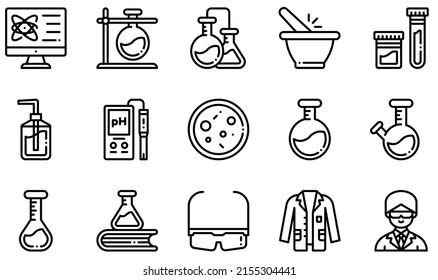 Set Of Vector Icons Related To Chemistry Lab. Contains Such Icons As Test Tube, Chemistry, Urine Sample, Ph Meter, Flask, Lab Coat And More.