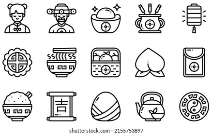 Set of Vector Icons Related to Chinese New Year. Contains such Icons as God Of Wealth, Gold, Incense Stick, Moon Cake, Peach, Red Envelope and more.