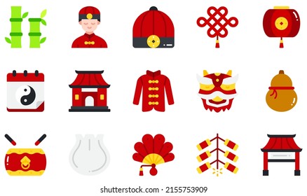 Set of Vector Icons Related to Chinese New Year. Contains such Icons as Bamboo, Chinese Hat, Chinese Lantern, Chinese New Year , Dumpling, Fireworks and more.