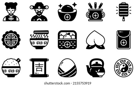 Set of Vector Icons Related to Chinese New Year. Contains such Icons as God Of Wealth, Gold, Incense Stick, Moon Cake, Peach, Red Envelope and more.