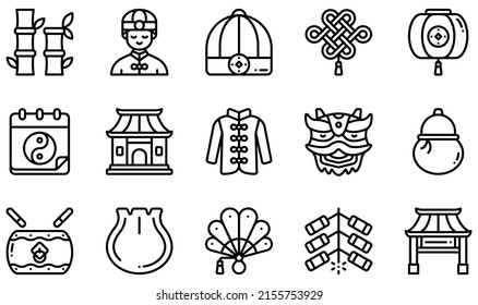 Set of Vector Icons Related to Chinese New Year. Contains such Icons as Bamboo, Chinese Hat, Chinese Lantern, Chinese New Year , Dumpling, Fireworks and more.